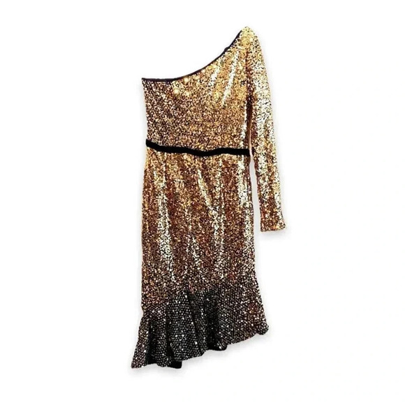 Marchesa Notte Gold Sequin Ruffle Asymmetric One Shoulder Cocktail Dress Size 2 - Picture 5 of 11